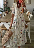 Long Summer Dress with Floral Print and Drawstring Waist | Perfect for Warm Days - White Floral 2