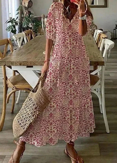 Long Summer Dress with Floral Print and Drawstring Waist | Perfect for Warm Days - Red