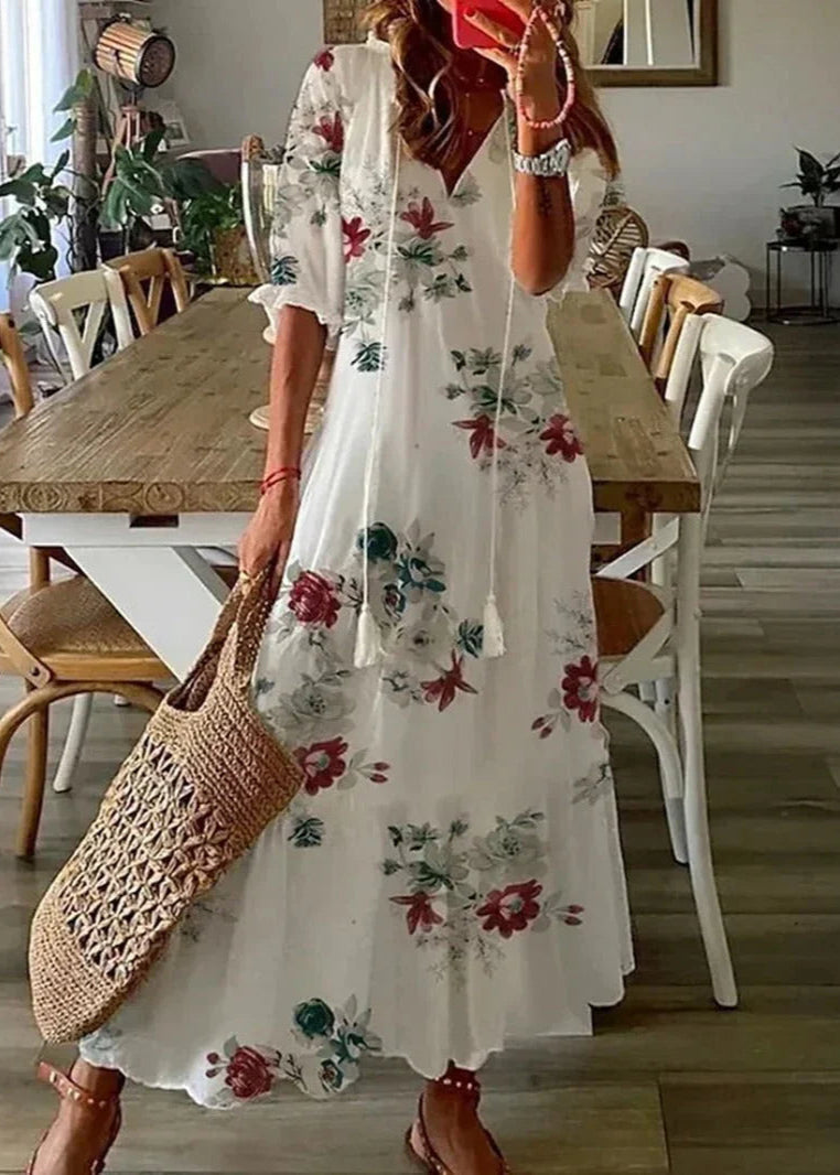 Long Summer Dress with Floral Print and Drawstring Waist | Perfect for Warm Days - White Floral 1