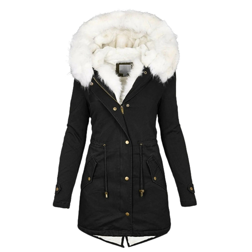 Elegante Damen-Steppjacke mit Kapuze und weißem Kragen