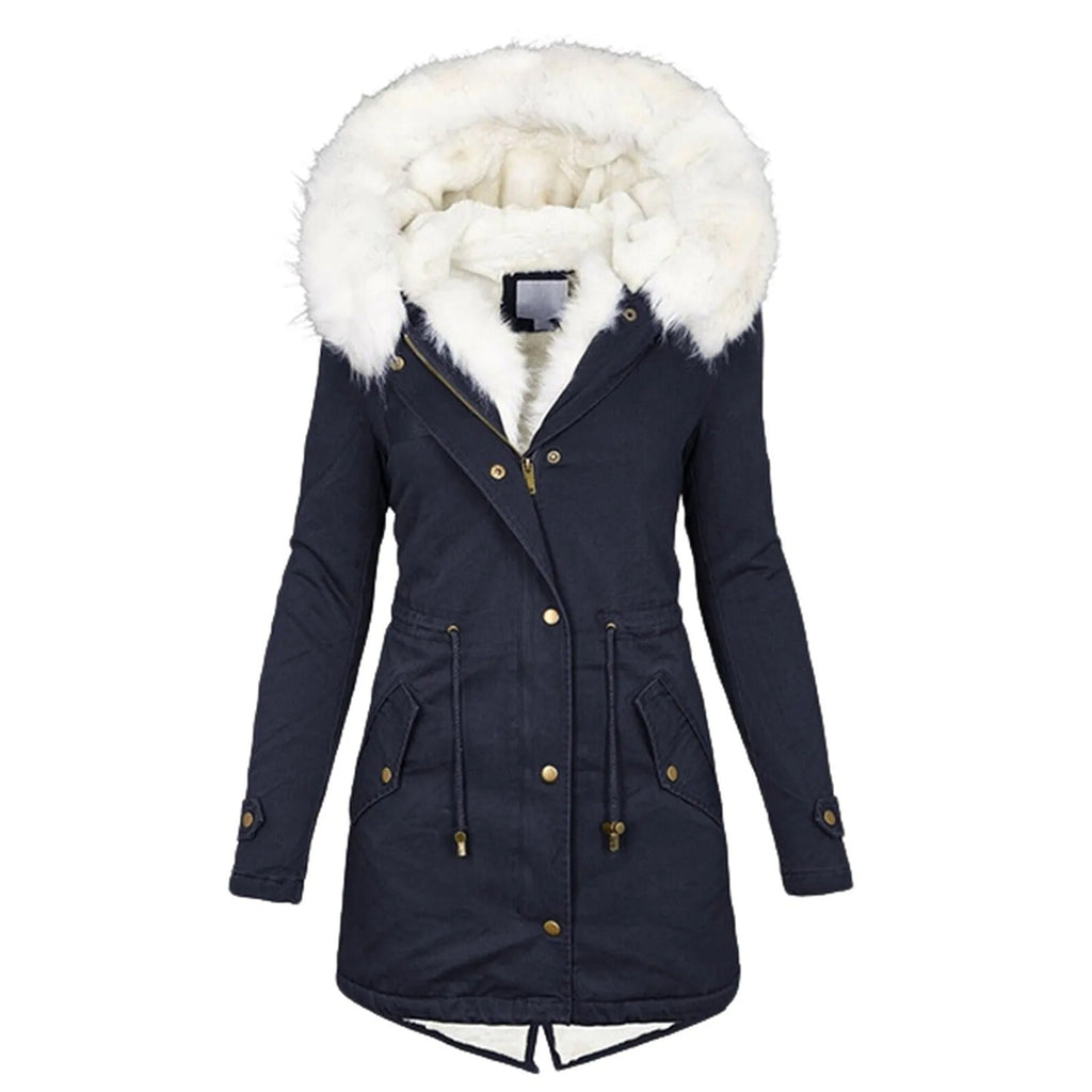 Elegante Damen-Steppjacke mit Kapuze und weißem Kragen