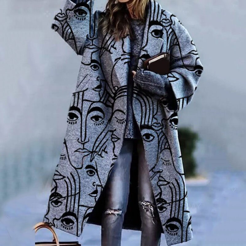 Timeless Women's Wool Coat with Lapel Collar and Button Closure | Perfect for Winter - Faces Print