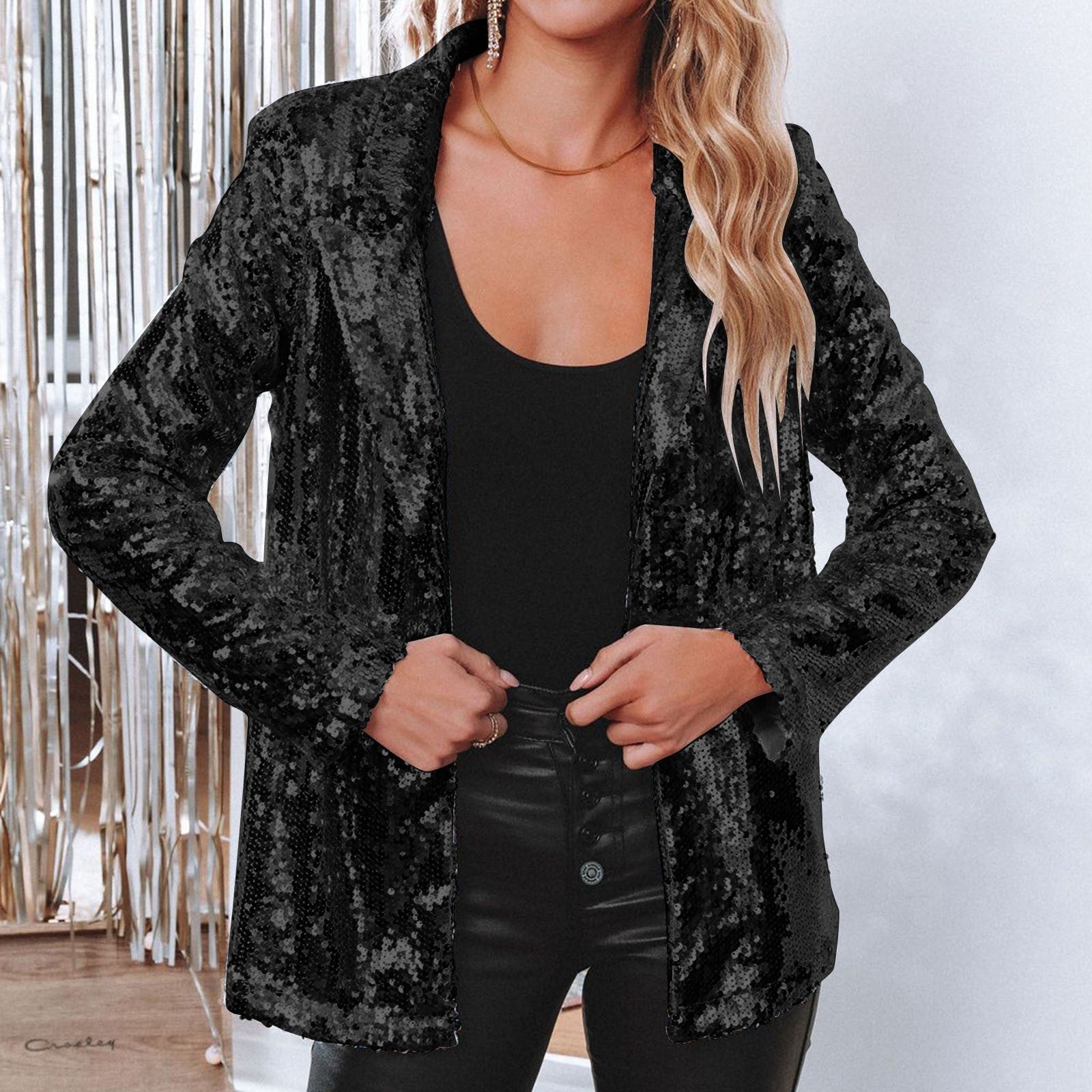 Winter Sequin Blazer for Women - Black