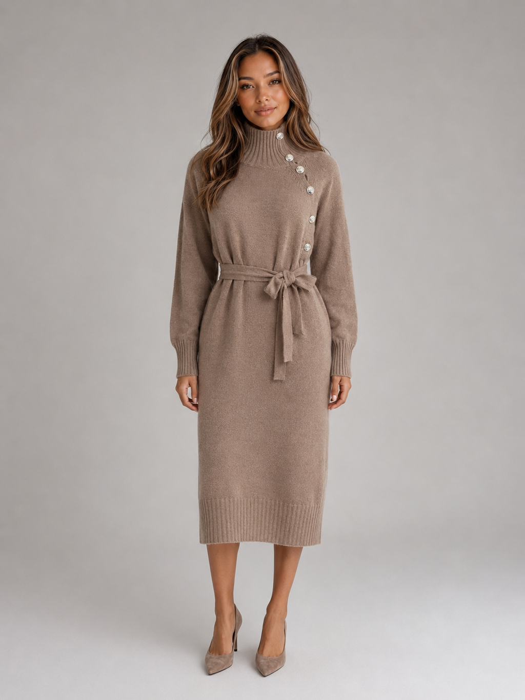 Damen-Strickkleid aus Baumwolle in Midilänge – Rollkragen-Pulloverkleid mit Gürtel