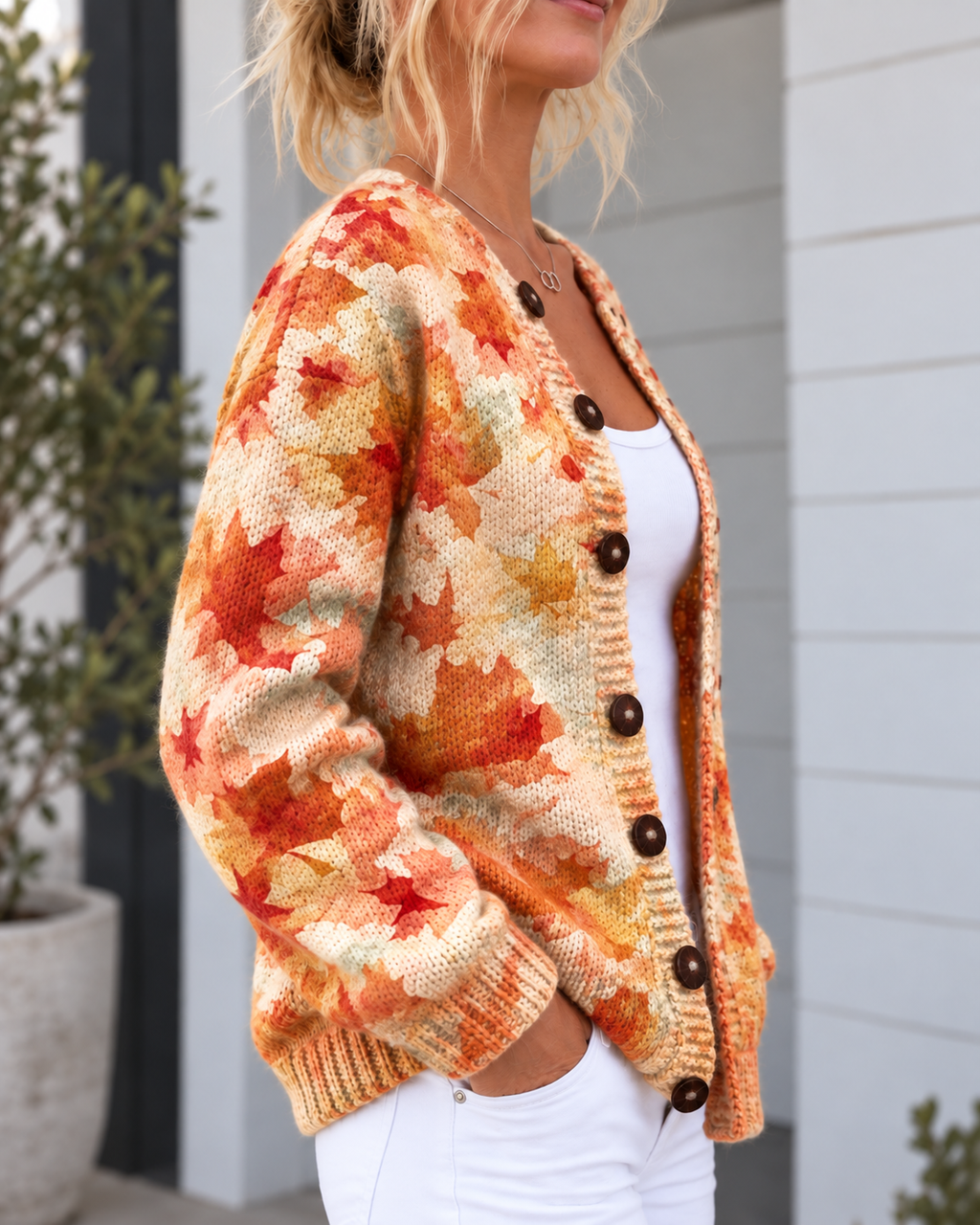Strickjacke mit Knopfleiste und Herbstblätter-Motiv für Damen