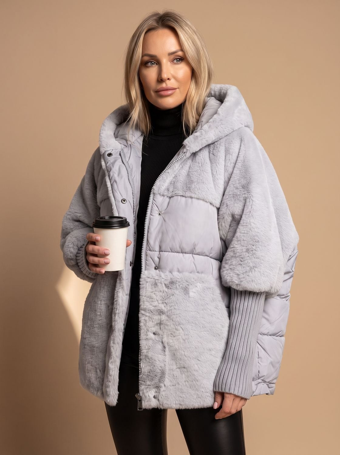 Oversized-Steppjacke für Damen mit Kunstfellbesatz und Kapuze