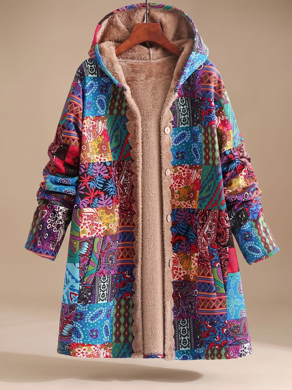 Damen-Kapuzenjacke im Boho-Patchwork-Stil mit Fleecefutter