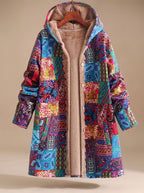 Damen-Kapuzenjacke im Boho-Patchwork-Stil mit Fleecefutter