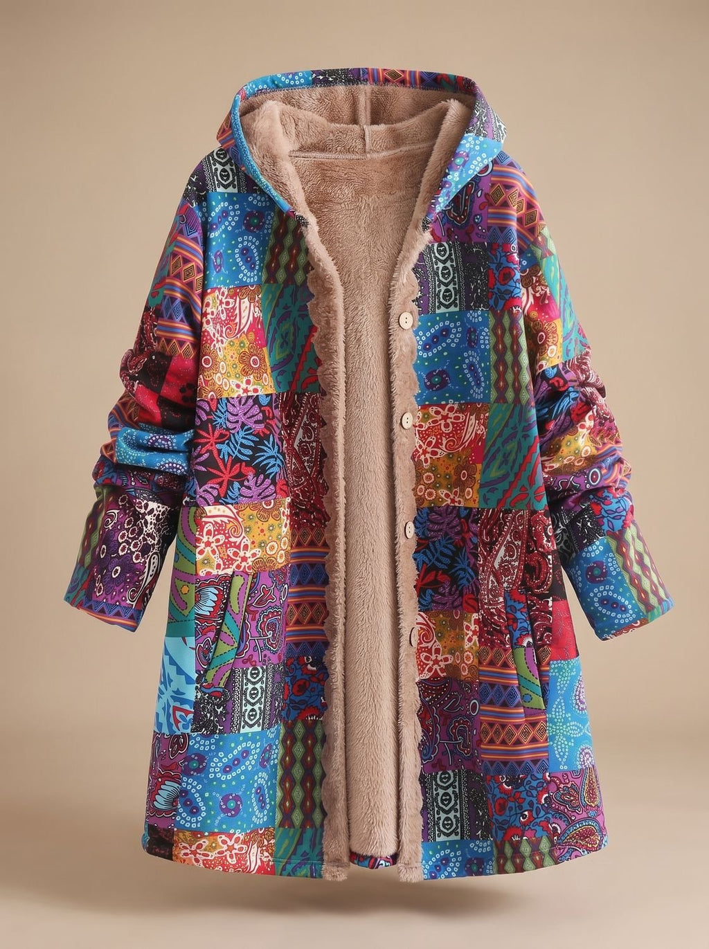 Damen-Kapuzenjacke im Boho-Patchwork-Stil mit Fleecefutter