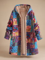 Damen-Kapuzenjacke im Boho-Patchwork-Stil mit Fleecefutter