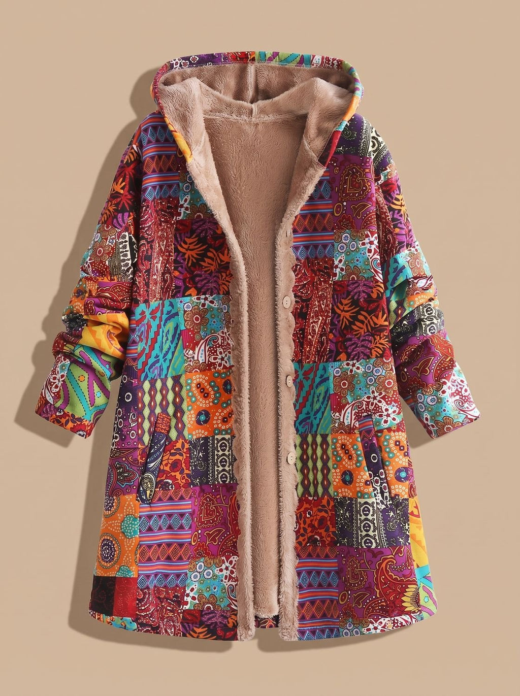 Damen-Kapuzenjacke im Boho-Patchwork-Stil mit Fleecefutter