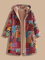 Damen-Kapuzenjacke im Boho-Patchwork-Stil mit Fleecefutter