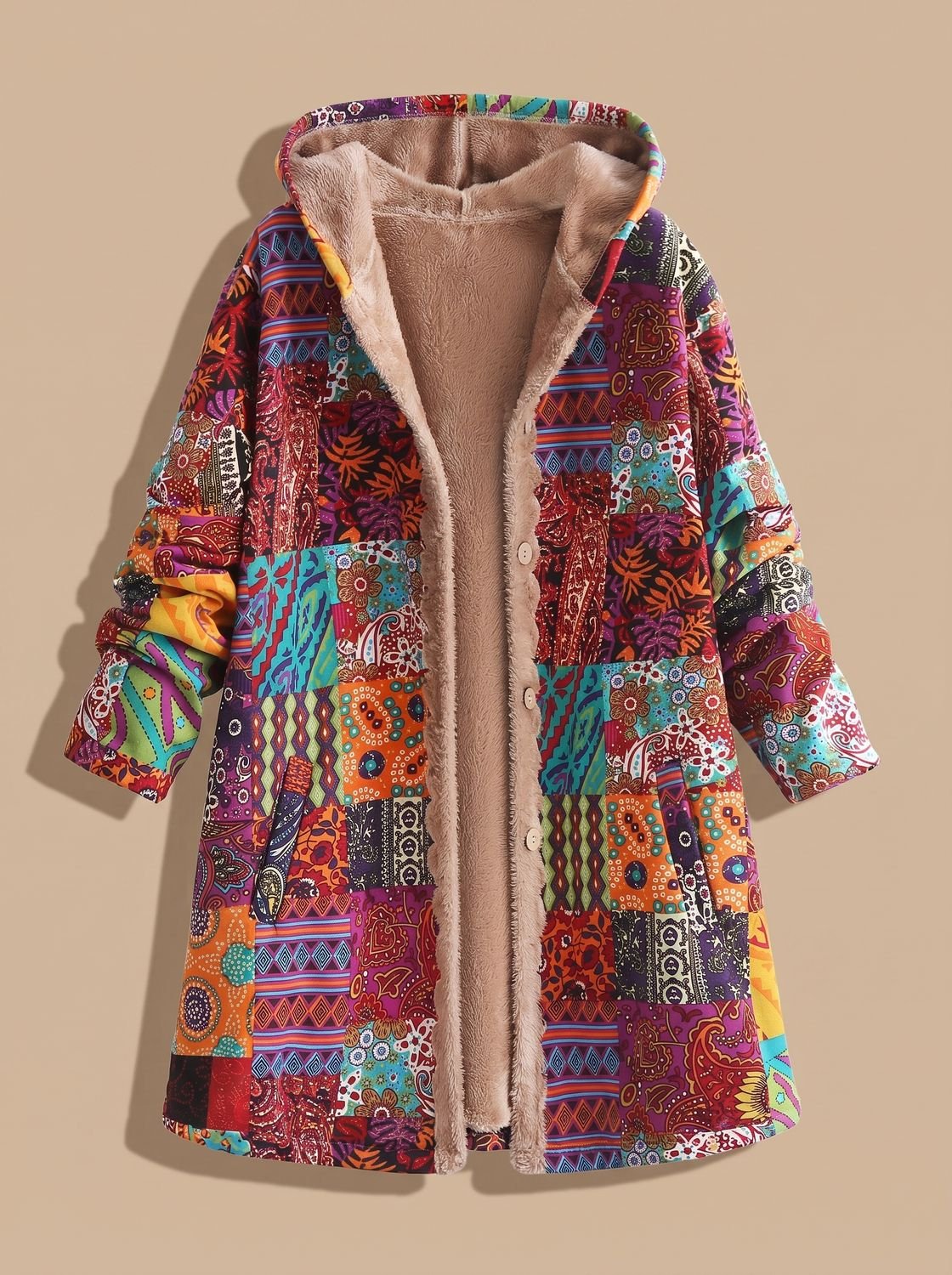 Damen-Kapuzenjacke im Boho-Patchwork-Stil mit Fleecefutter