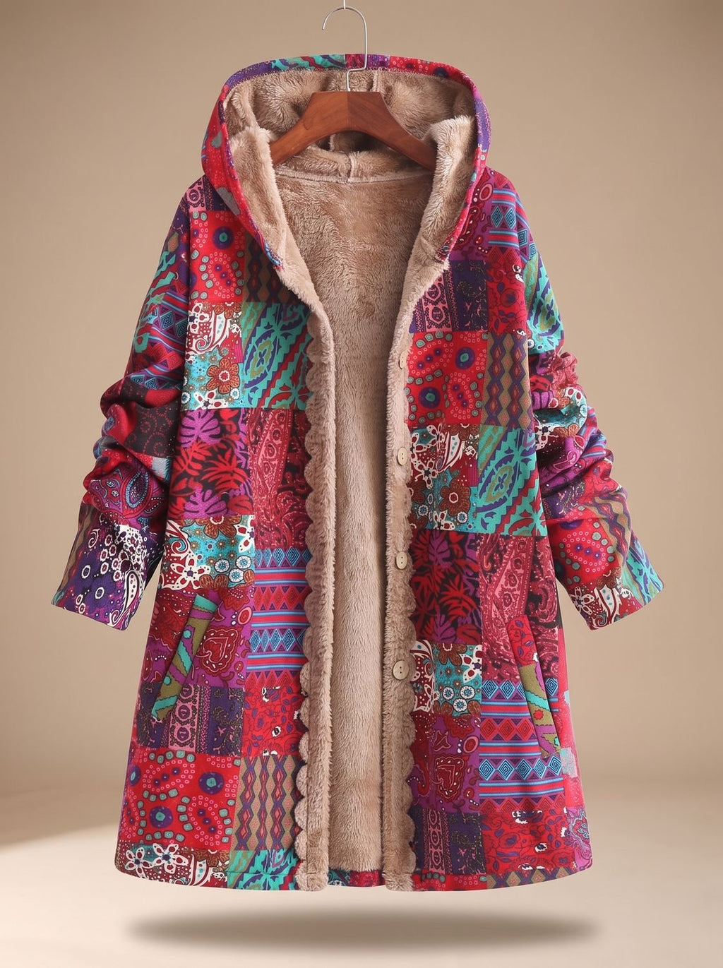 Damen-Kapuzenjacke im Boho-Patchwork-Stil mit Fleecefutter