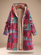 Damen-Kapuzenjacke im Boho-Patchwork-Stil mit Fleecefutter