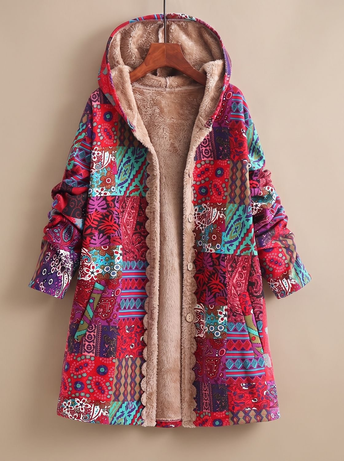 Damen-Kapuzenjacke im Boho-Patchwork-Stil mit Fleecefutter