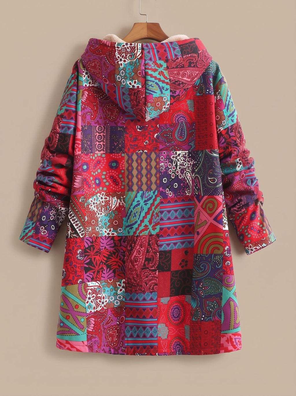 Damen-Kapuzenjacke im Boho-Patchwork-Stil mit Fleecefutter