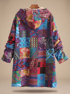 Damen-Kapuzenjacke im Boho-Patchwork-Stil mit Fleecefutter