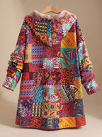 Damen-Kapuzenjacke im Boho-Patchwork-Stil mit Fleecefutter