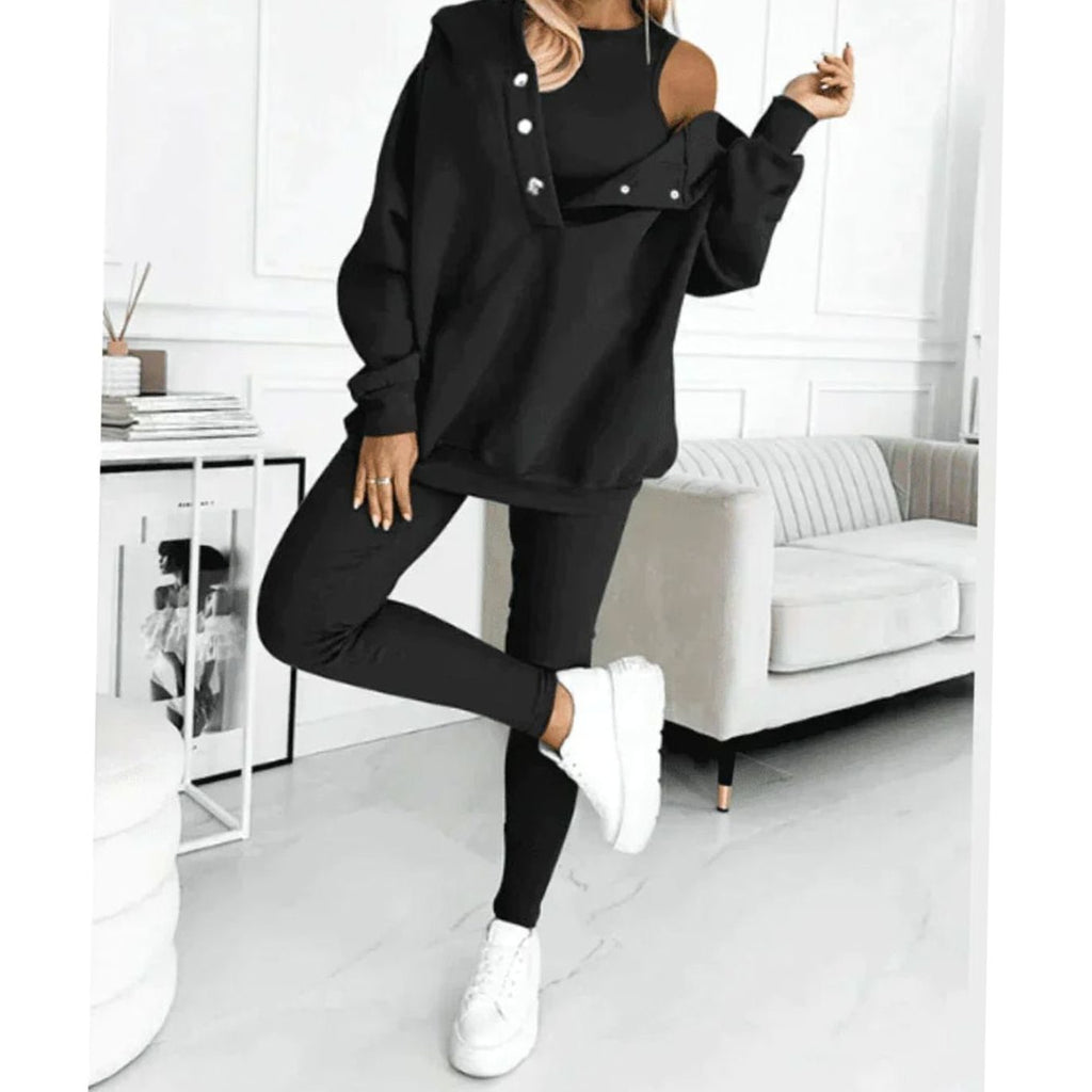 Conjunto de tres piezas de invierno para mujer con sudadera de capucha y cuello abotonado