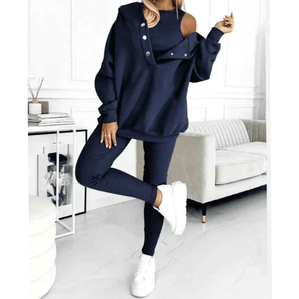 Conjunto de tres piezas de invierno para mujer con sudadera de capucha y cuello abotonado