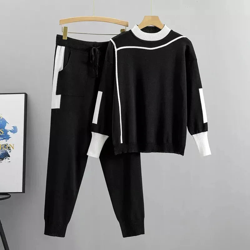 Damen-Loungewear in Color-Block-Optik mit Stehkragen und zulaufender Hose