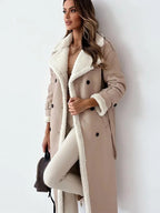 Women's Long Double-Breasted Faux Shearling Collar Coat – Belted Teddy Lined Winter Coat