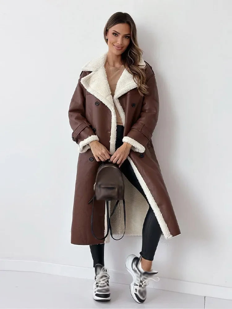 Women's Long Double-Breasted Faux Shearling Collar Coat – Belted Teddy Lined Winter Coat