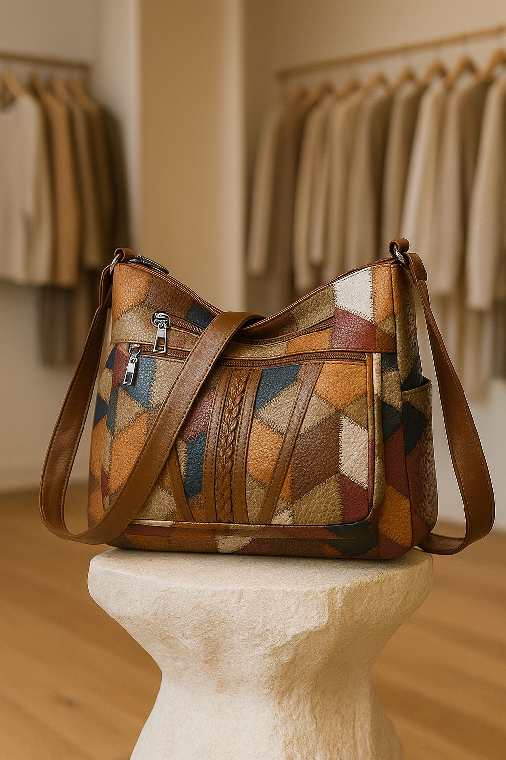 Women's Multicolour Patchwork Shoulder Bag – Geometric Panel Crossbody Hobo Bag
