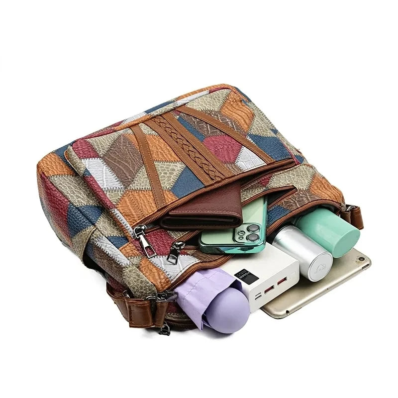 Women's Multicolour Patchwork Shoulder Bag – Geometric Panel Crossbody Hobo Bag