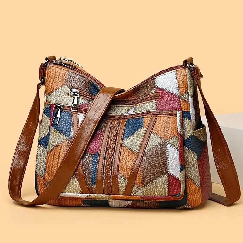Women's Multicolour Patchwork Shoulder Bag – Geometric Panel Crossbody Hobo Bag