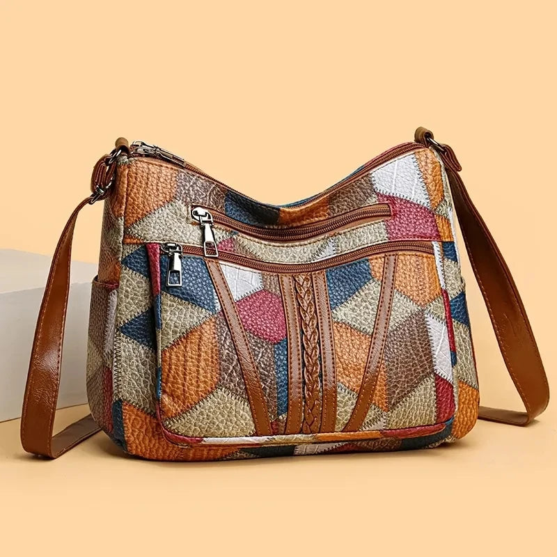 Women's Multicolour Patchwork Shoulder Bag – Geometric Panel Crossbody Hobo Bag