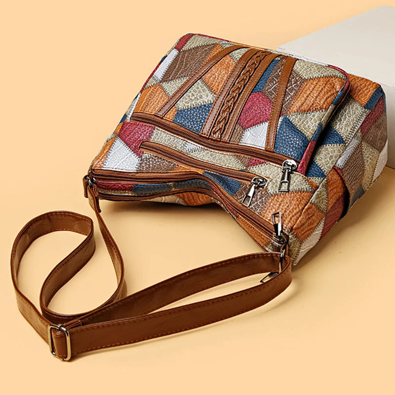 Women's Multicolour Patchwork Shoulder Bag – Geometric Panel Crossbody Hobo Bag