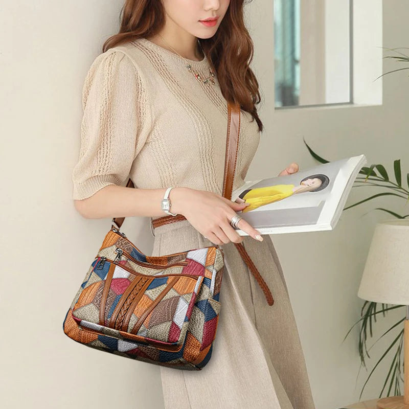 Women's Multicolour Patchwork Shoulder Bag – Geometric Panel Crossbody Hobo Bag