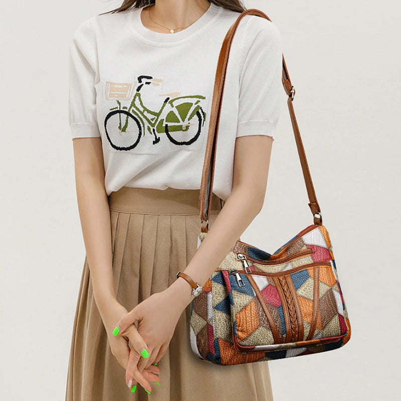 Women's Multicolour Patchwork Shoulder Bag – Geometric Panel Crossbody Hobo Bag