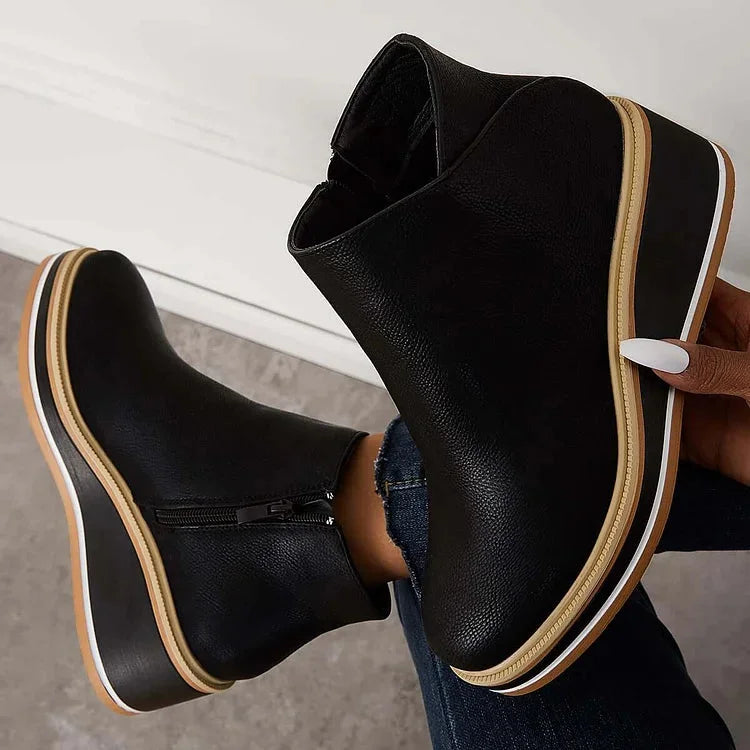 Women's faux leather ankle wedge platform boots with side zipper