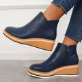 Women's faux leather ankle wedge platform boots with side zipper