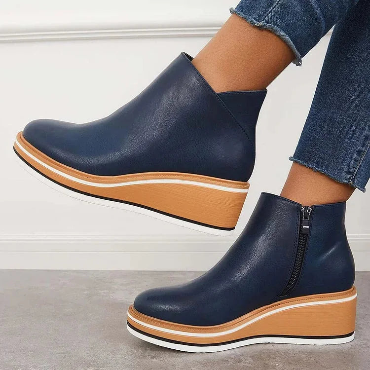 Women's faux leather ankle wedge platform boots with side zipper