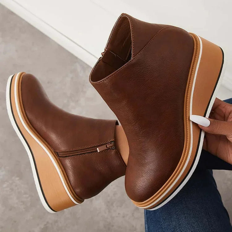 Women's faux leather ankle wedge platform boots with side zipper