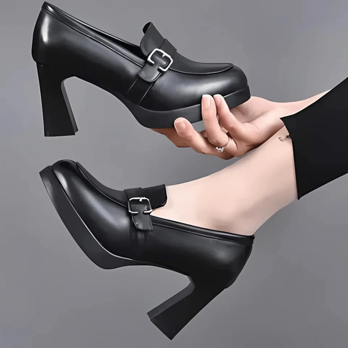 Women's orthopedic loafer-style platform block-heel pumps with buckle