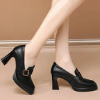 Women's orthopedic loafer-style platform block-heel pumps with buckle