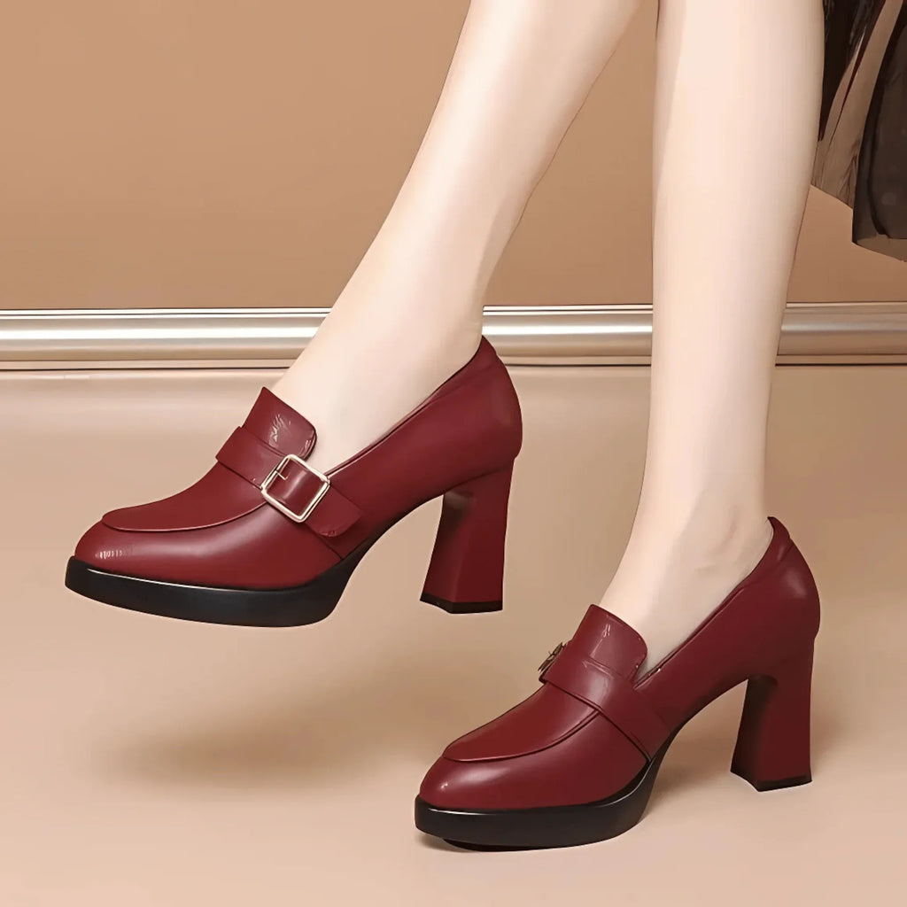 Women's orthopedic loafer-style platform block-heel pumps with buckle