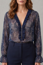 Women's Paisley Print Blouse – Deep V Neck Ruffle Trim Sheer Sleeve Blouse