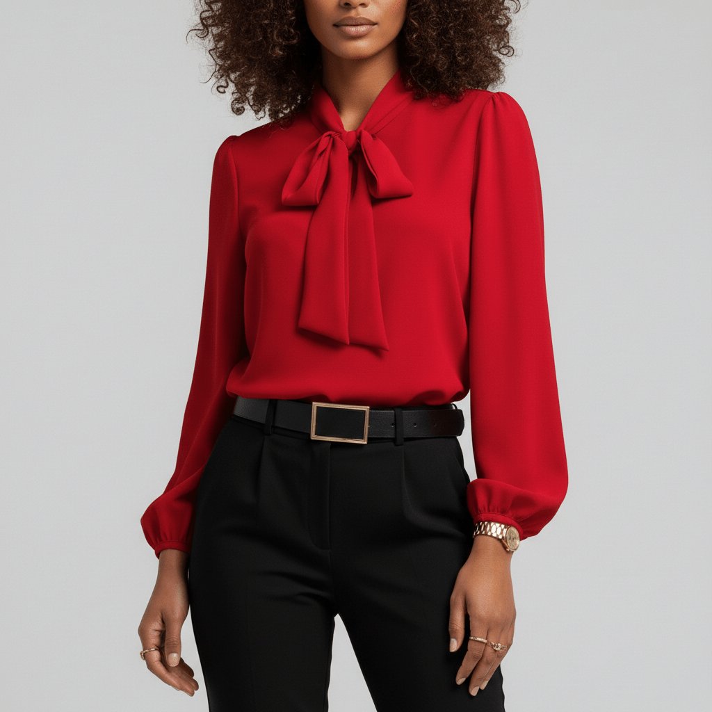 Women's Relaxed-Fit Bow-Tie Neck Long-Sleeve Blouse