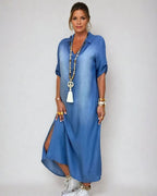 Maxikleid im Denim-Look mit Seitenschlitz und entspannter Passform für Damen