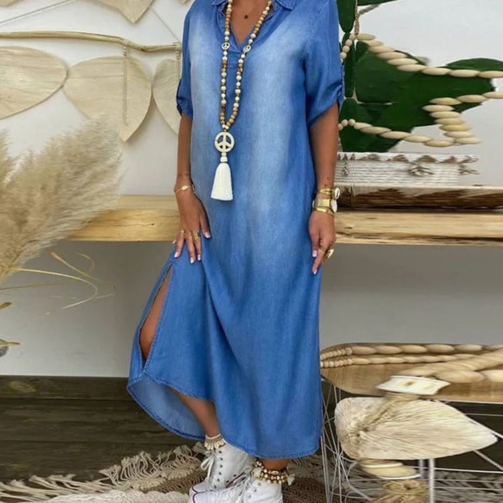Maxikleid im Denim-Look mit Seitenschlitz und entspannter Passform für Damen
