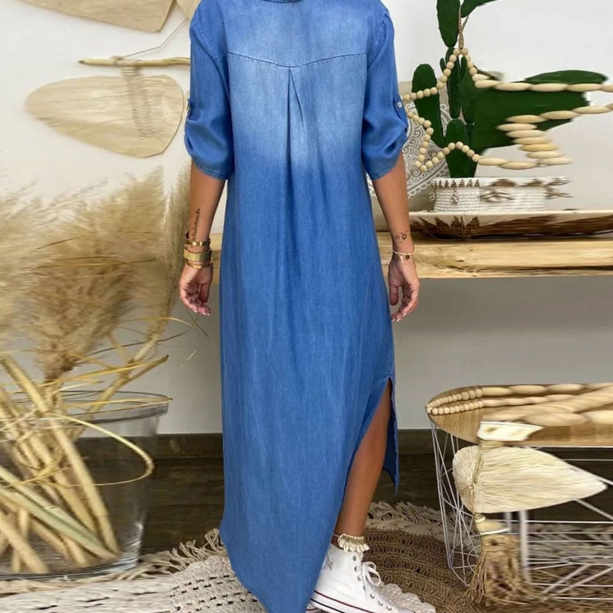 Maxikleid im Denim-Look mit Seitenschlitz und entspannter Passform für Damen