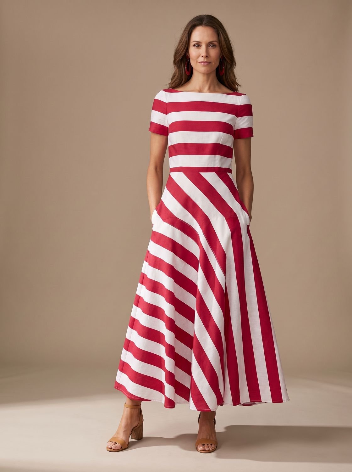 Women's Striped Short-Sleeve Boat-Neck Maxi Dress