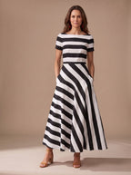 Women's Striped Short-Sleeve Boat-Neck Maxi Dress