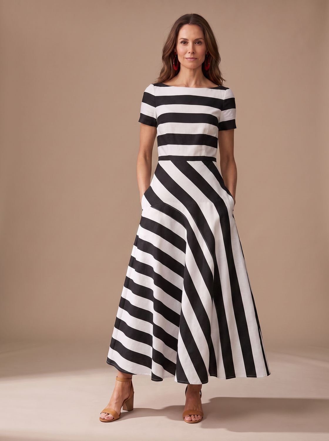 Women's Striped Short-Sleeve Boat-Neck Maxi Dress